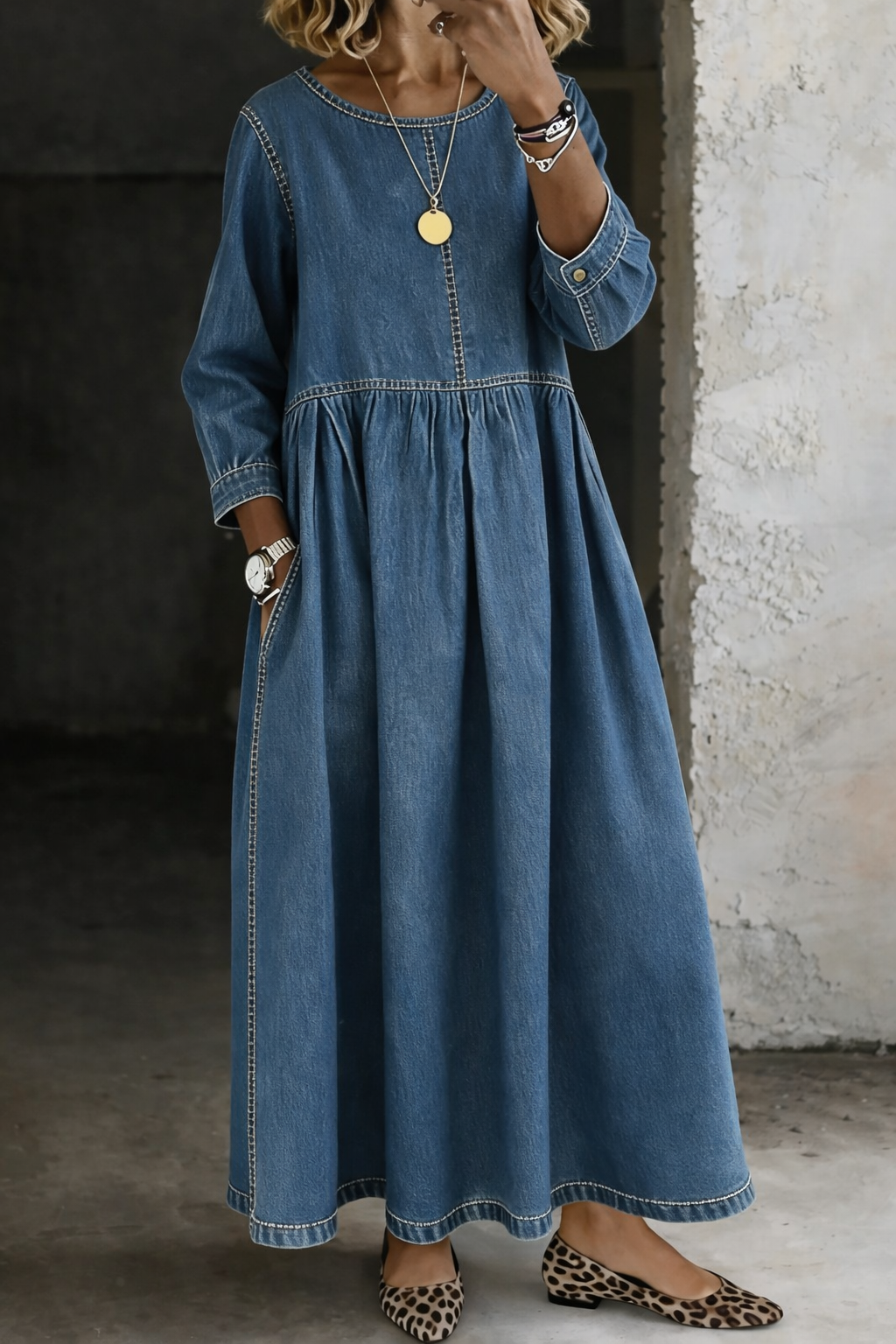 Alison | Denim Look Gathered Maxi Dress