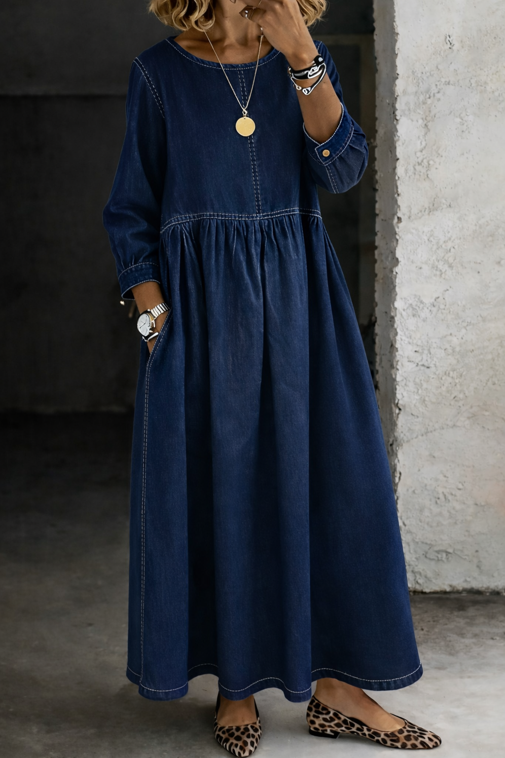 Alison | Denim Look Gathered Maxi Dress