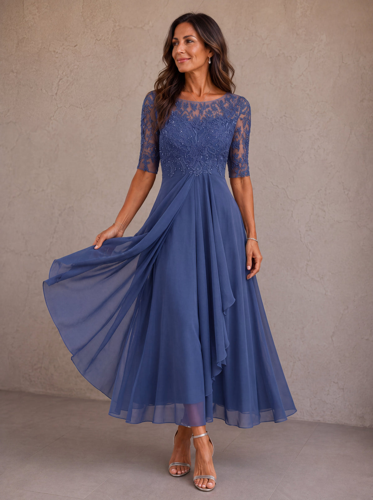 Lynette Lace Bodice Tiered Chiffon Midi Dress