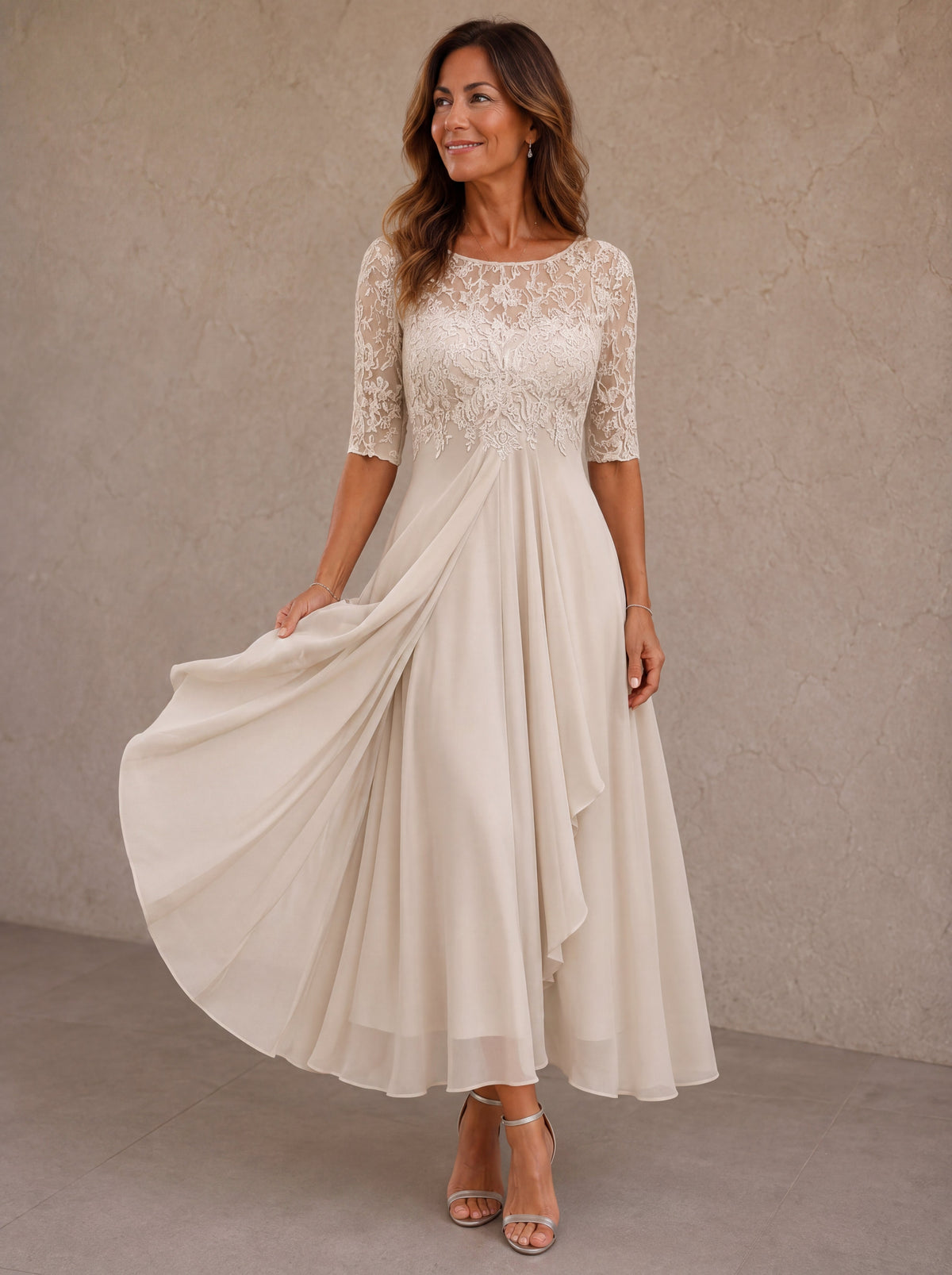 Lynette Lace Bodice Tiered Chiffon Midi Dress