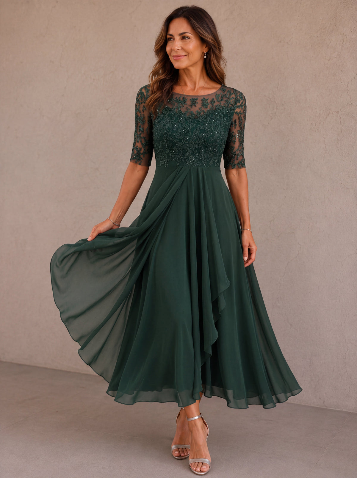 Lynette Lace Bodice Tiered Chiffon Midi Dress