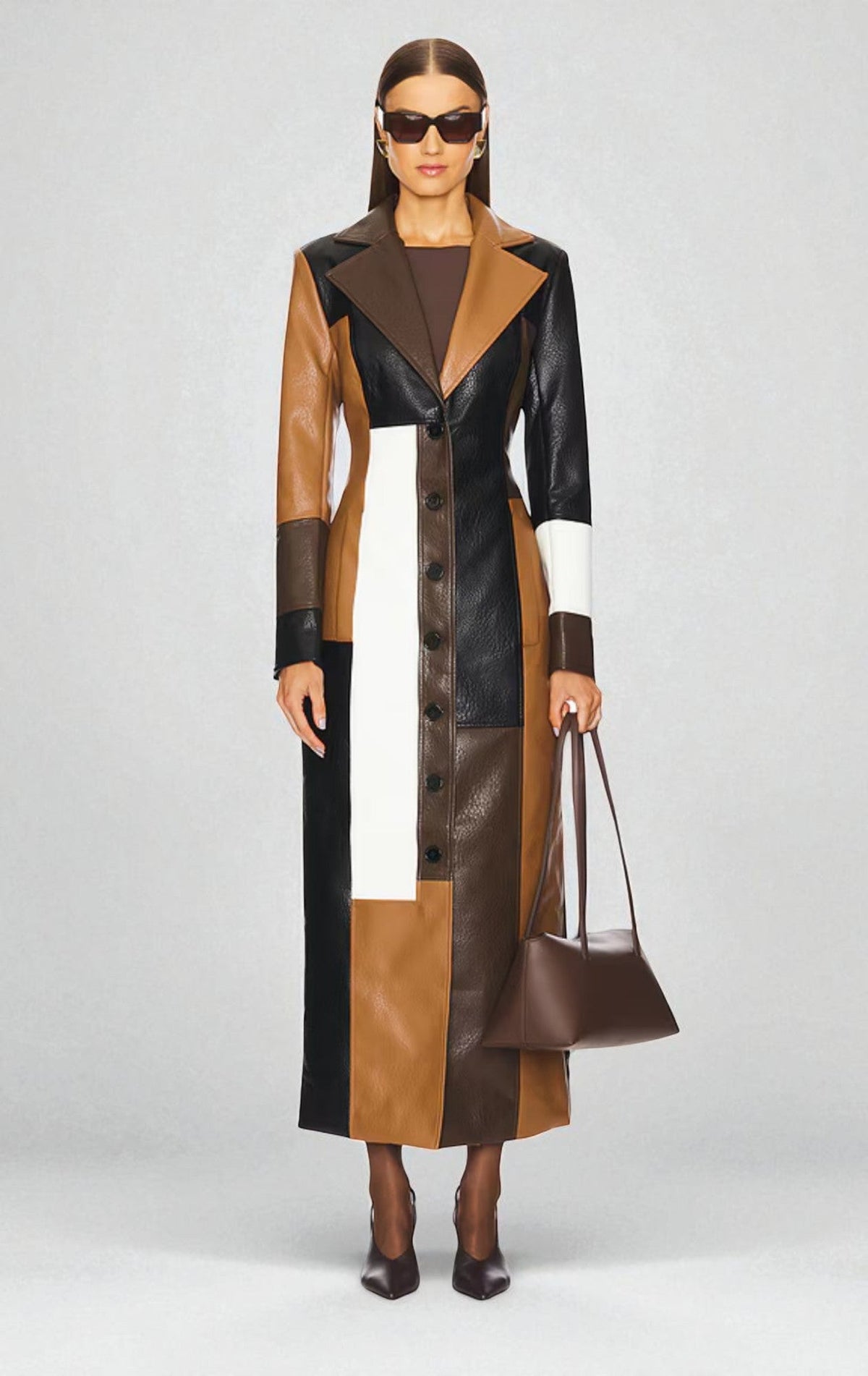 Sylvia Patchwork Leather-Look Long Coat
