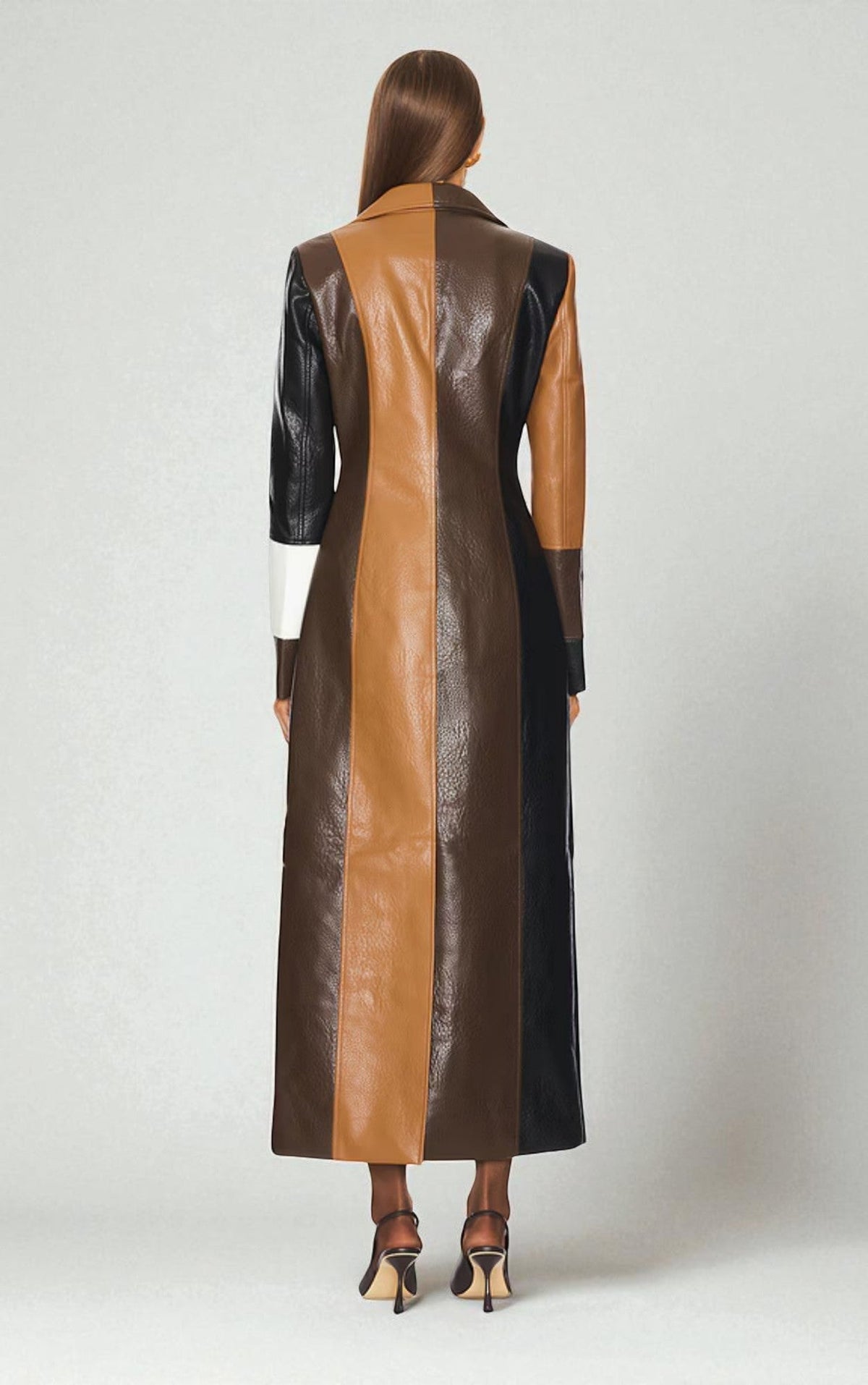 Sylvia Patchwork Leather-Look Long Coat