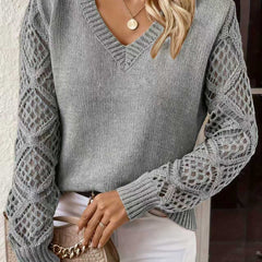 Jeanette Open-Knit Sleeve V-Neck Jumper in Grey