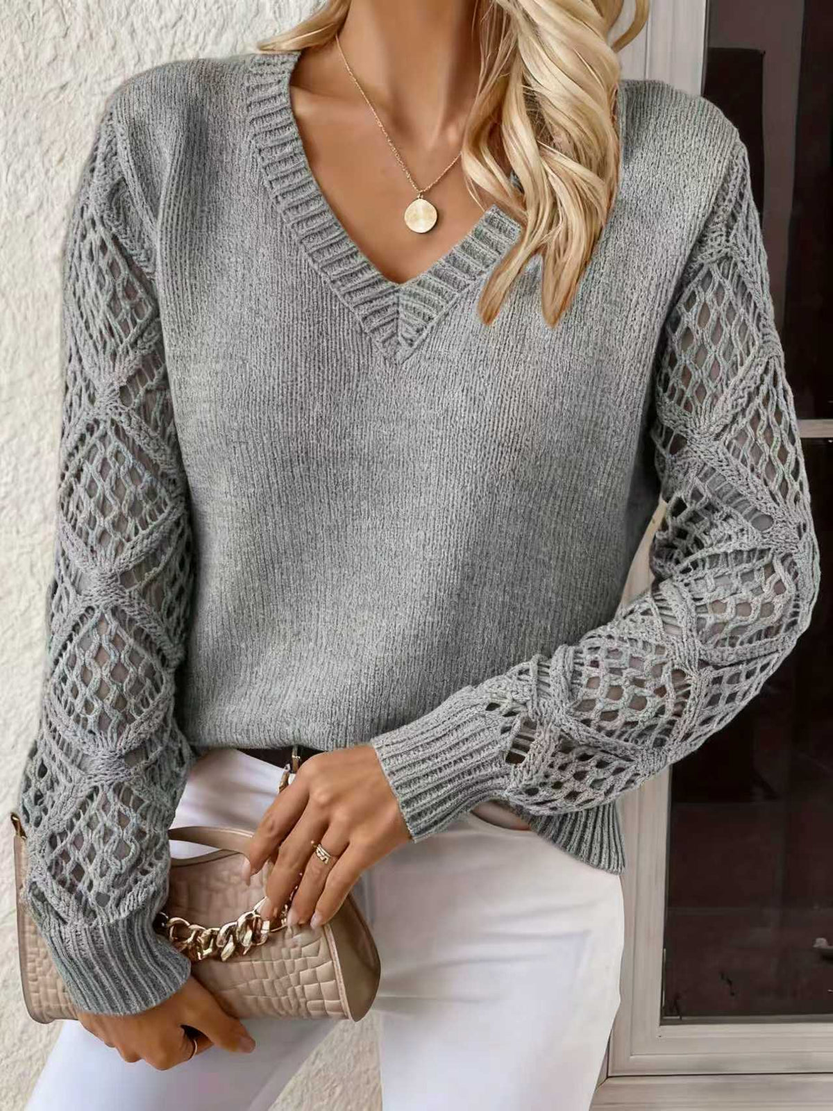 Jeanette Open-Knit Sleeve V-Neck Jumper in Grey