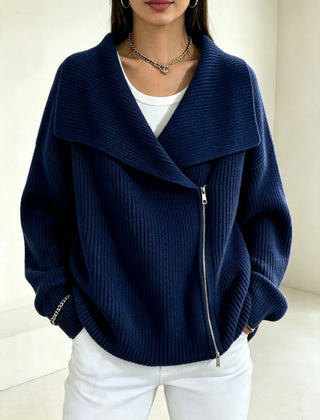 Linda Wide Lapel Double-Zip Knit Cardigan
