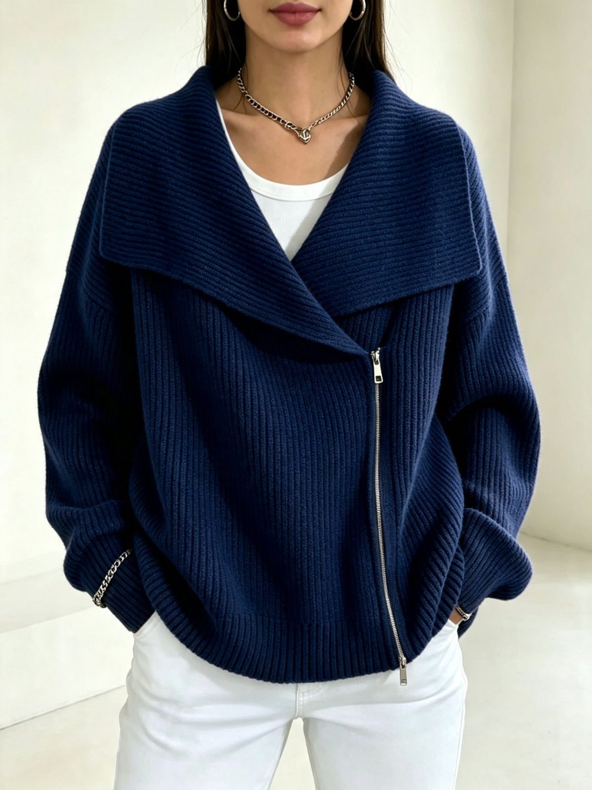 Linda Wide Lapel Double-Zip Knit Cardigan