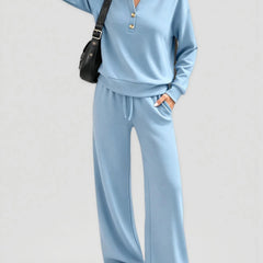 June Button Neck Jumper and Wide-Leg Trouser Set in Light Blue