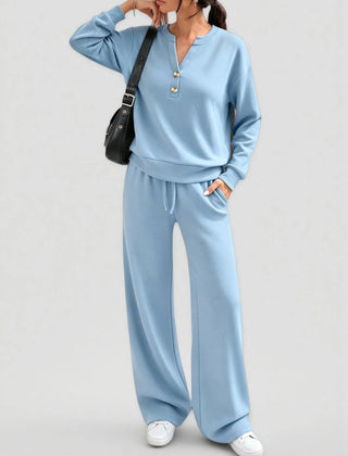 June Button Neck Jumper and Wide-Leg Trouser Set in Light Blue