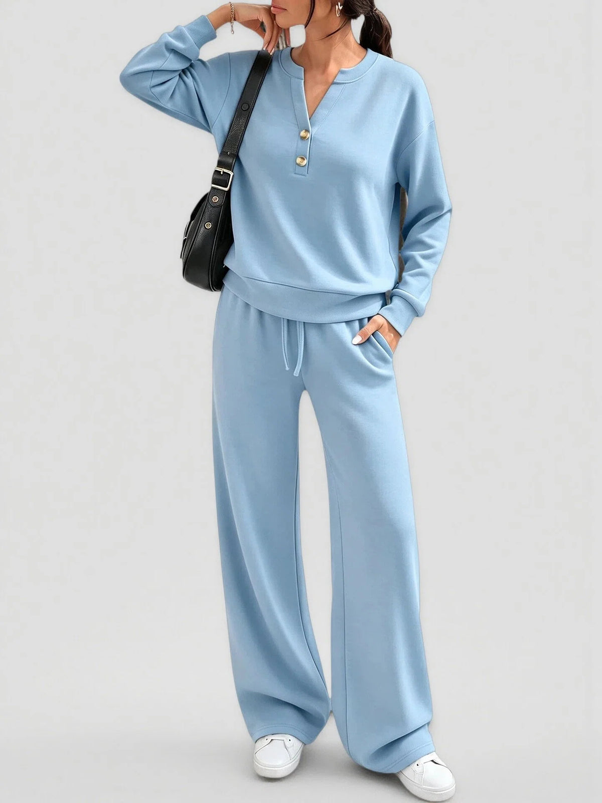 June Button Neck Jumper and Wide-Leg Trouser Set in Light Blue