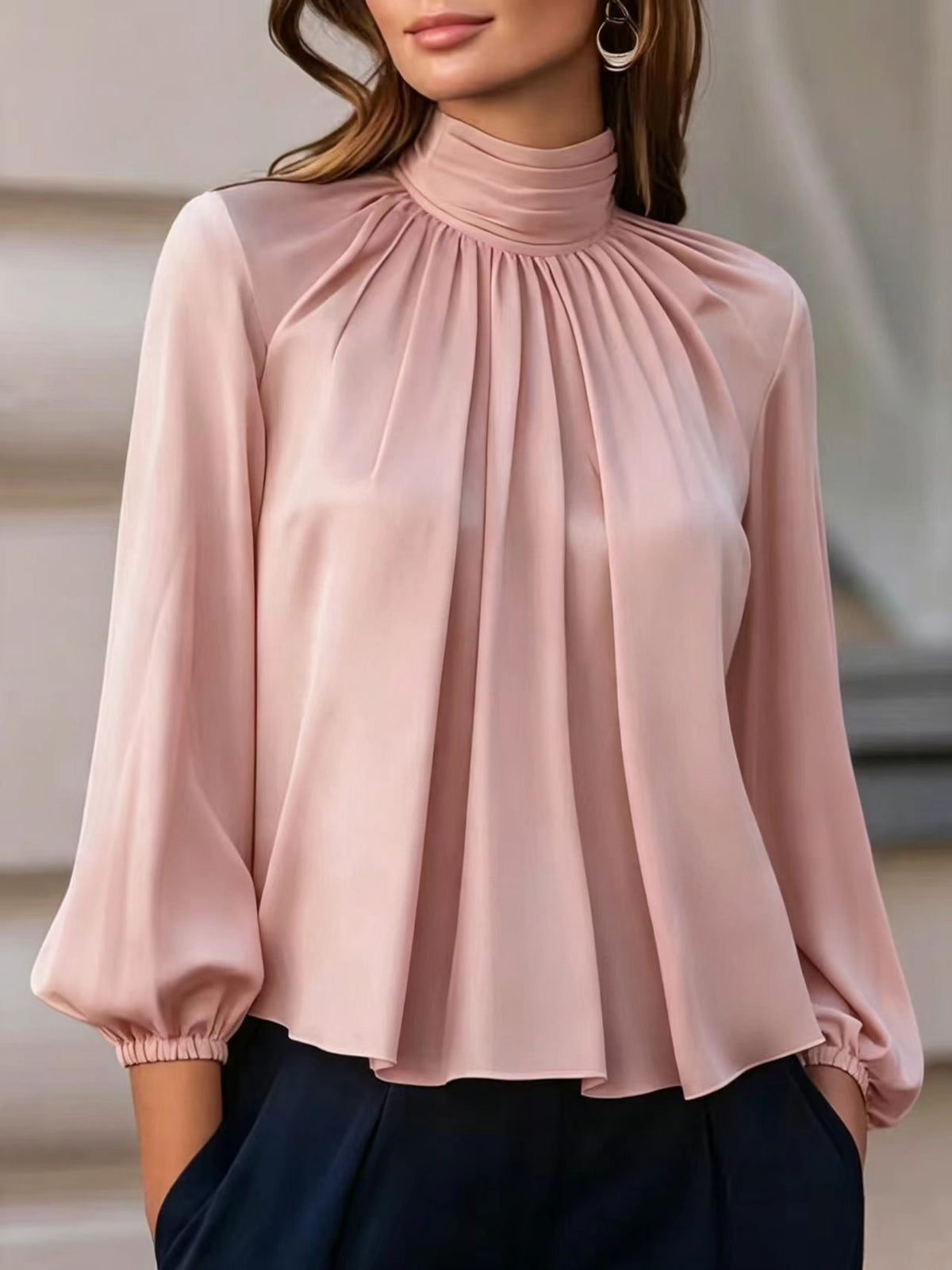 Patsy | High Neck Pleated Blouse with Balloon Sleeves