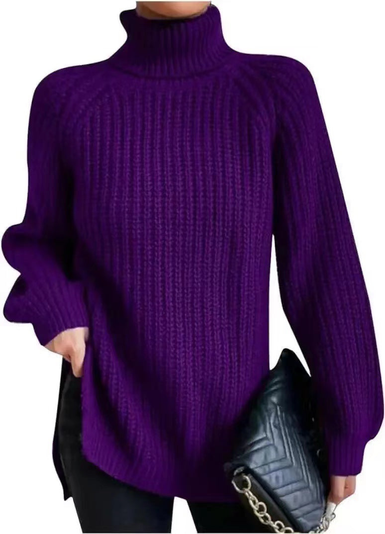 Shona Chunky Roll Neck Longline Jumper in Purple