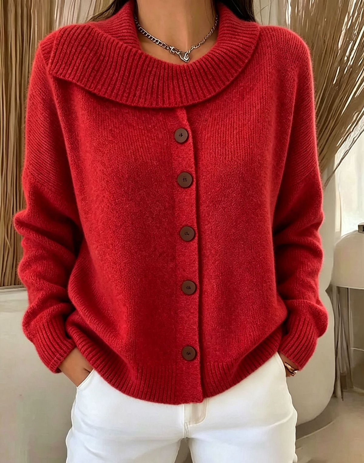 Glynis Wide Collar Button Front Knit Jumper