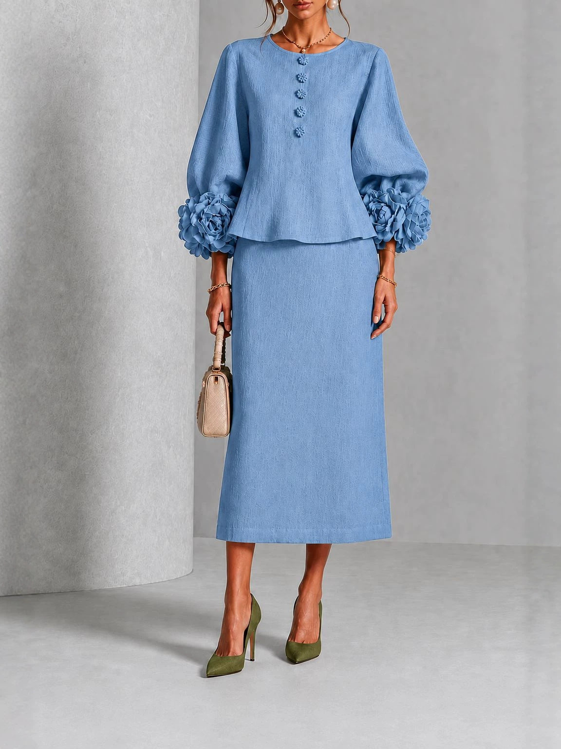 Rosemary | Rose Sleeve Top and Pencil Skirt Set