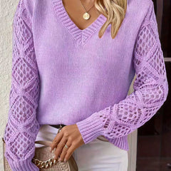 Jeanette Open-Knit Sleeve V-Neck Jumper in Lilac