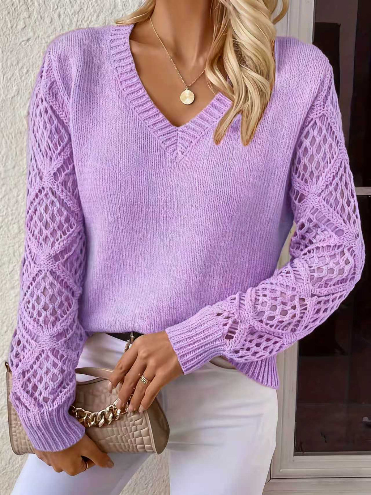 Jeanette Open-Knit Sleeve V-Neck Jumper in Lilac