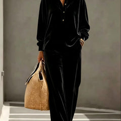 Jean | Velvet-Look Button Collar Wide-Leg Set