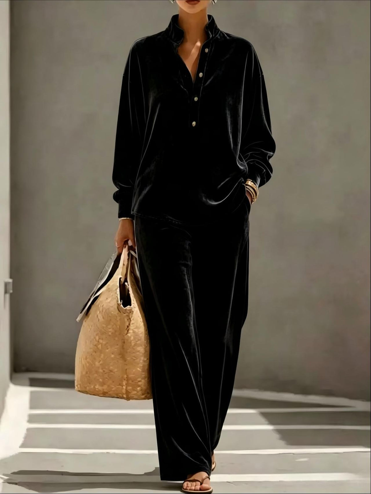 Jean | Velvet-Look Button Collar Wide-Leg Set