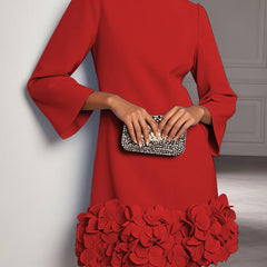 Marcia Flared Sleeve Dress with Flower Hem in Red