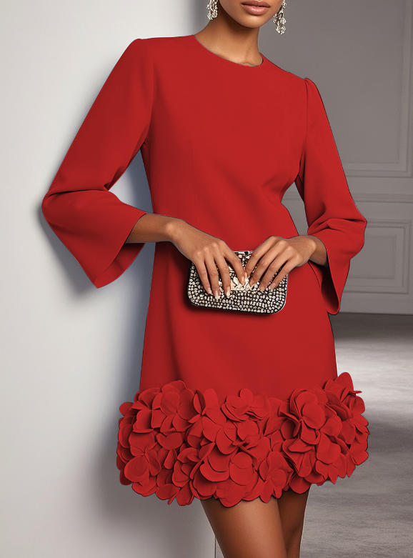 Marcia Flared Sleeve Dress with Flower Hem in Red