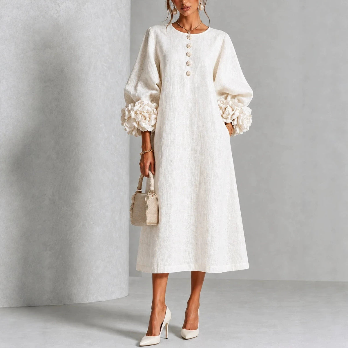 Belinda | Rosette Cuff Button Midi Dress