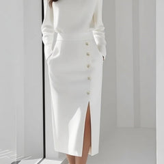 Geraldine | Gold Button Split Midi Dress