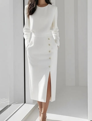 Geraldine | Gold Button Split Midi Dress