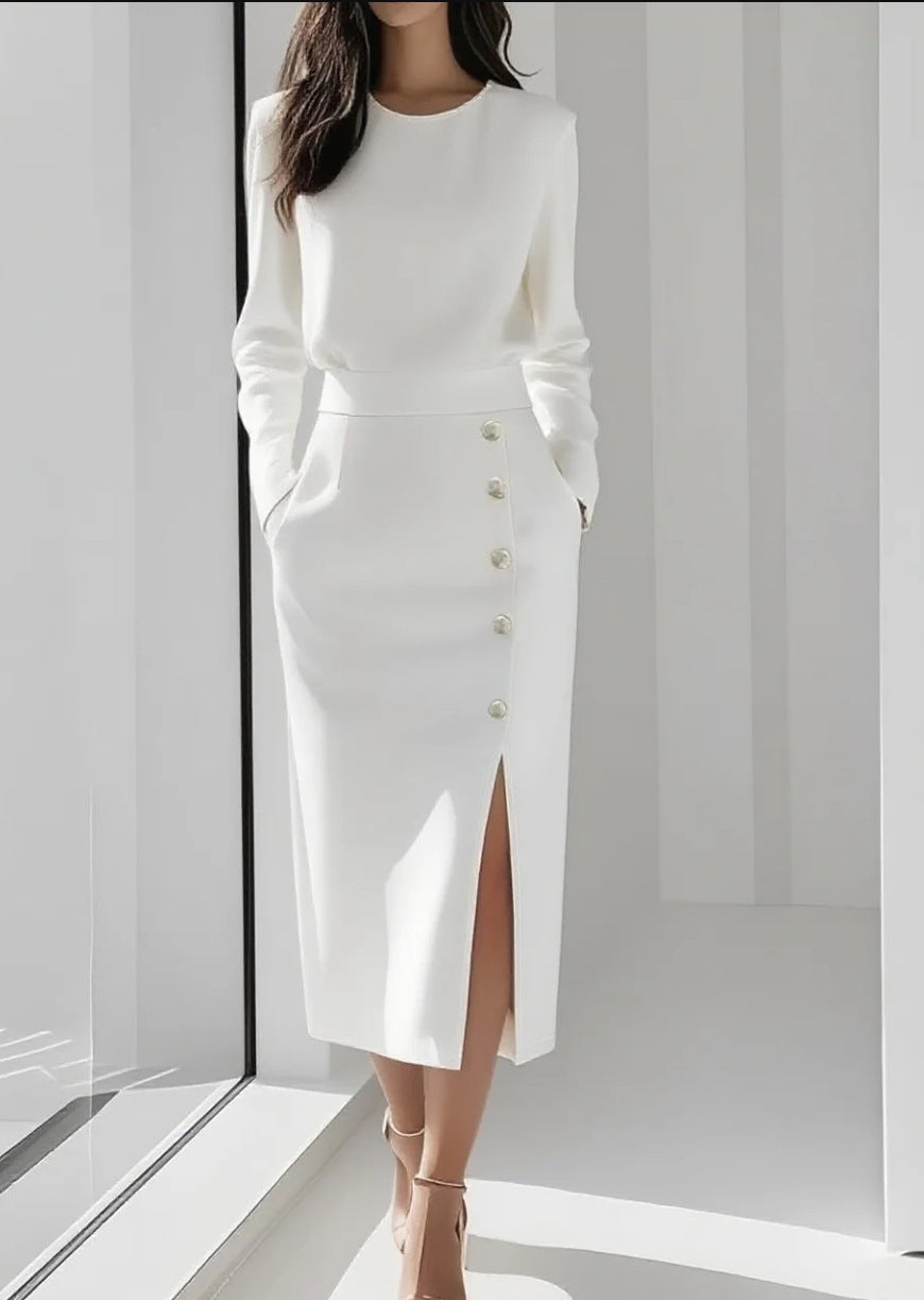 Geraldine | Gold Button Split Midi Dress