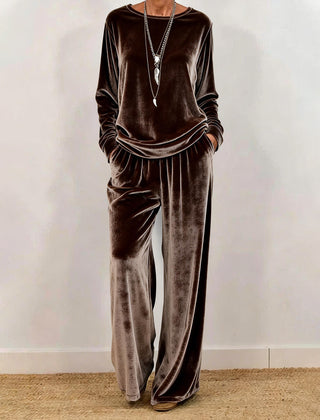 Cynthia | Velvet Round Neck Wide-Leg Trouser Set