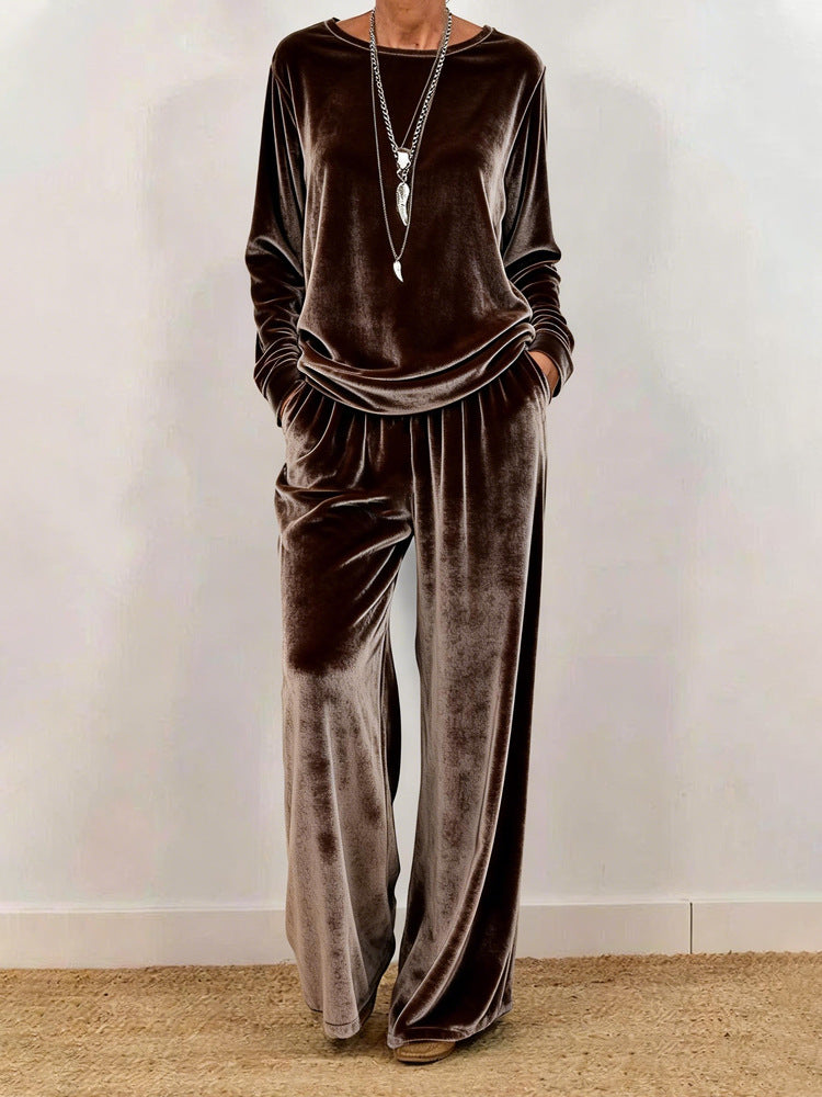 Cynthia | Velvet Round Neck Wide-Leg Trouser Set