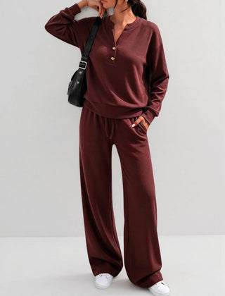June Button Neck Jumper and Wide-Leg Trouser Set in Burgundy
