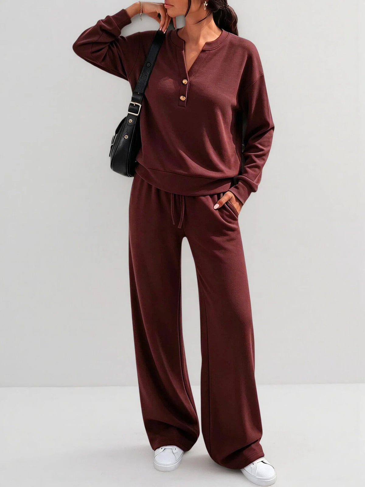 June Button Neck Jumper and Wide-Leg Trouser Set in Burgundy
