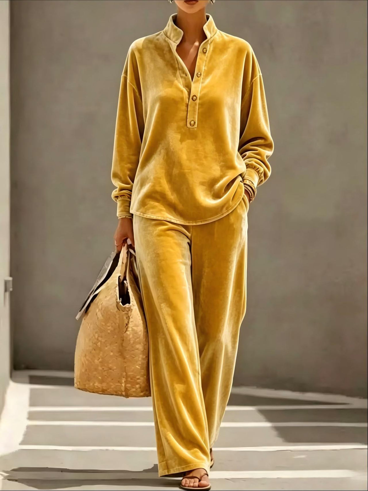 Jean | Velvet-Look Button Collar Wide-Leg Set