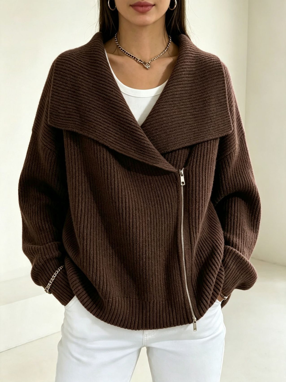 Linda Wide Lapel Double-Zip Knit Cardigan