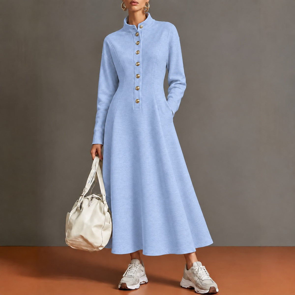 Sandie Stand Collar Button Maxi Dress