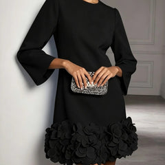 Marcia Flared Sleeve Dress with Flower Hem in Black