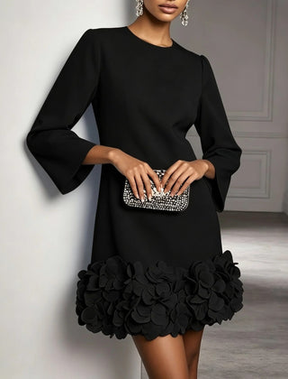 Marcia Flared Sleeve Dress with Flower Hem in Black