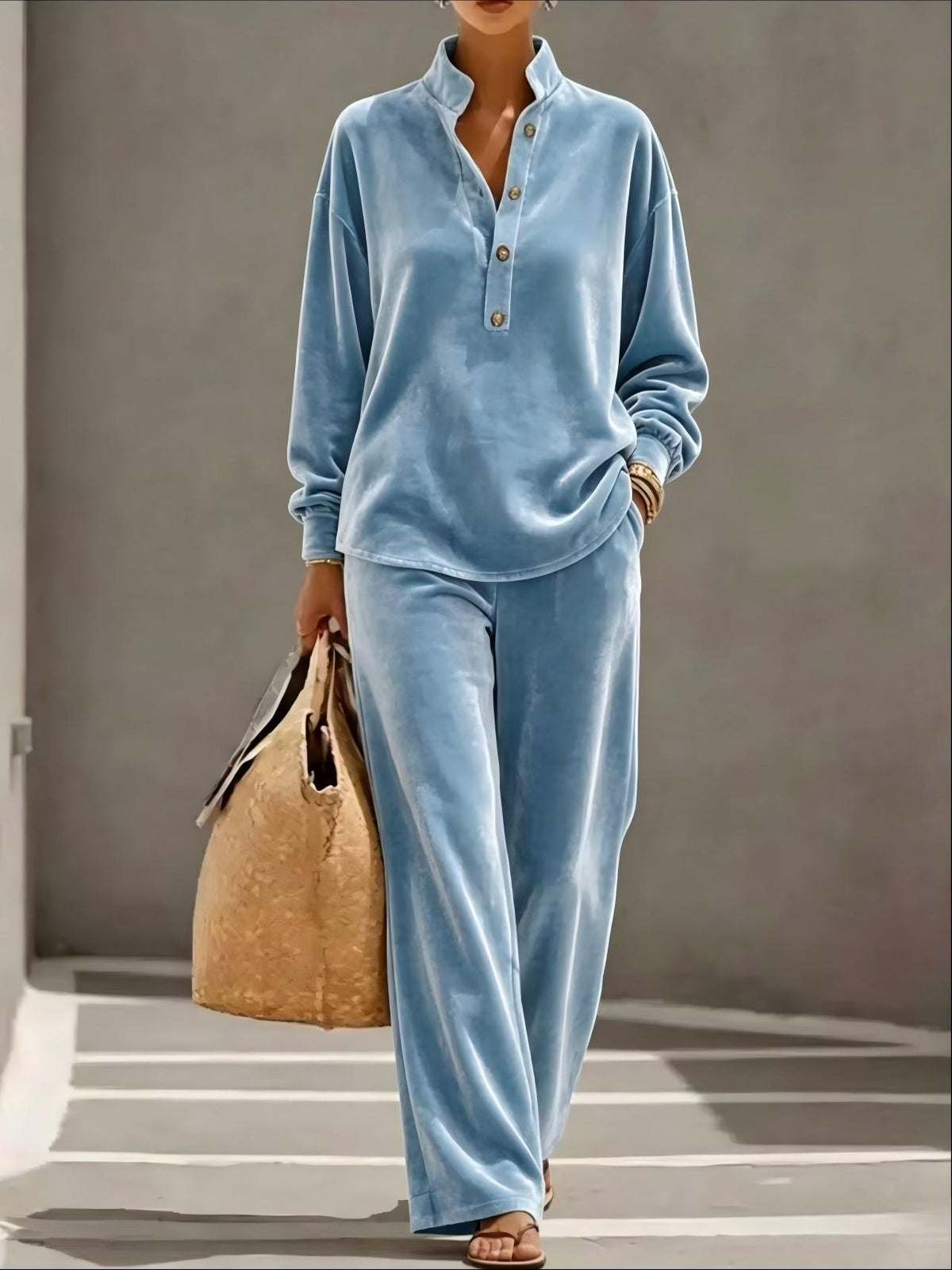Jean | Velvet-Look Button Collar Wide-Leg Set