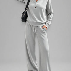 June Button Neck Jumper and Wide-Leg Trouser Set in Light Grey