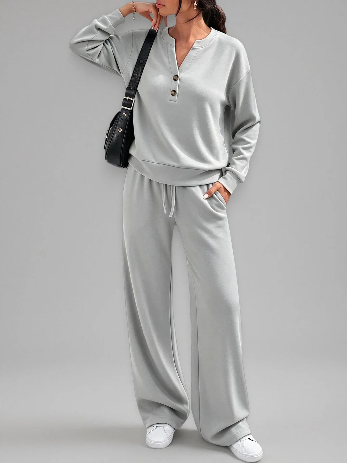 June Button Neck Jumper and Wide-Leg Trouser Set in Light Grey