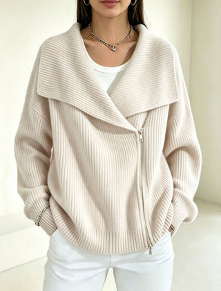 Linda Wide Lapel Double-Zip Knit Cardigan