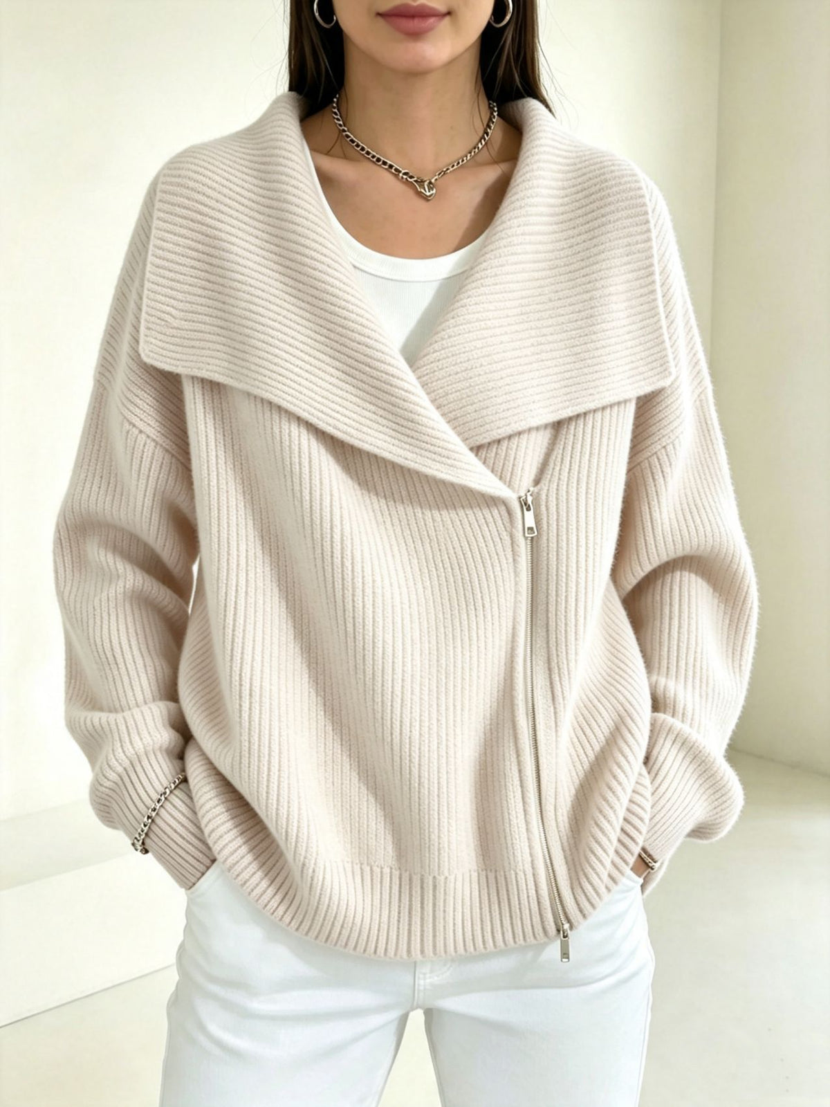 Linda Wide Lapel Double-Zip Knit Cardigan