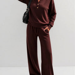 June Button Neck Jumper and Wide-Leg Trouser Set in Chocolate