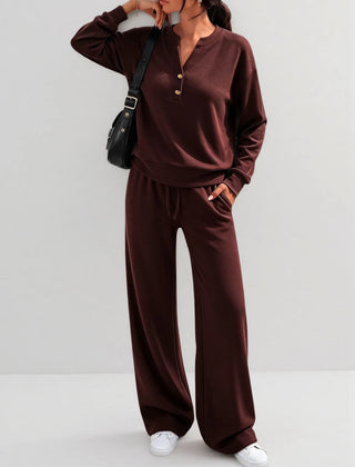 June Button Neck Jumper and Wide-Leg Trouser Set in Chocolate