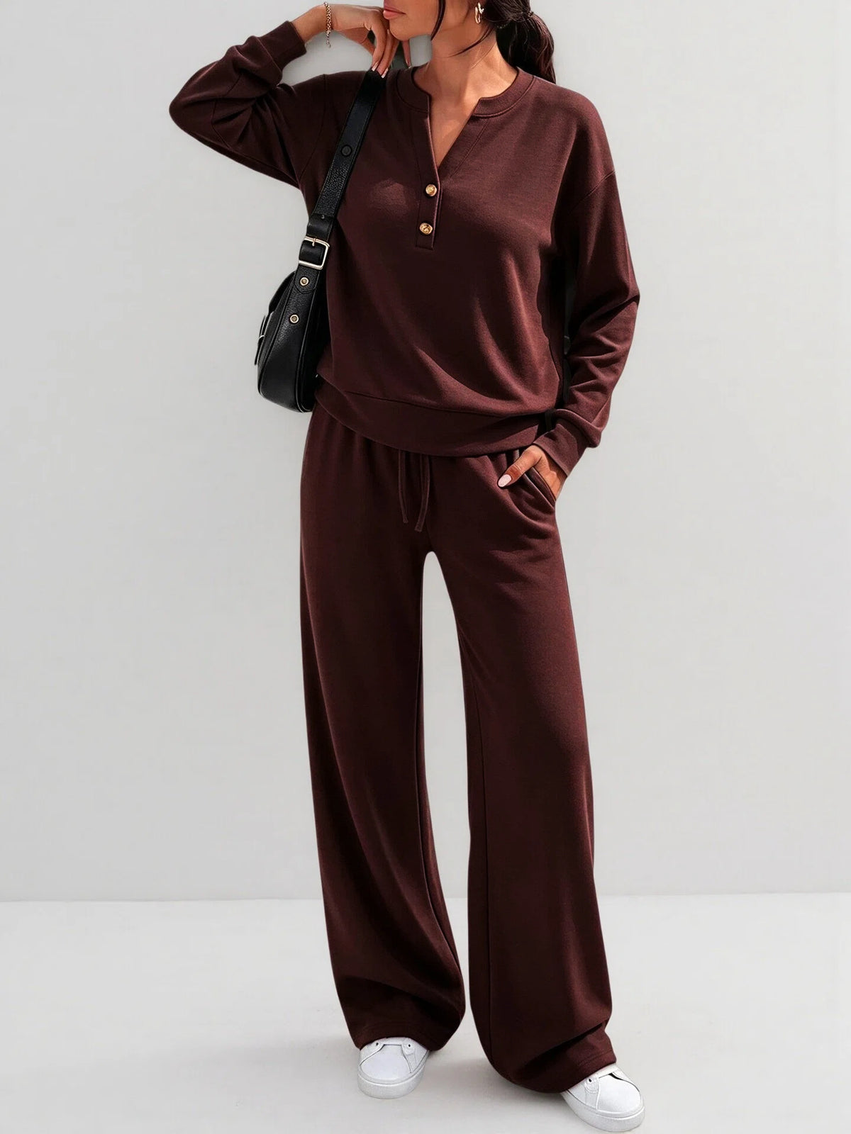 June Button Neck Jumper and Wide-Leg Trouser Set in Chocolate