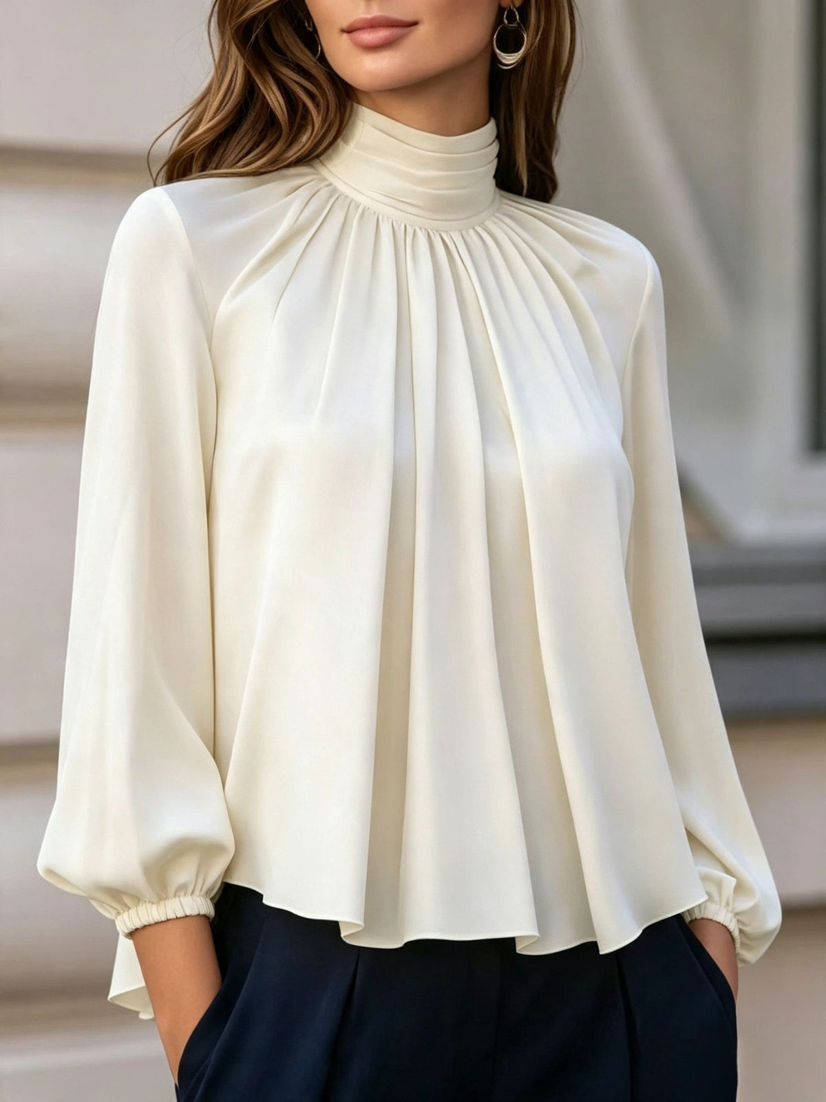 Patsy | High Neck Pleated Blouse with Balloon Sleeves