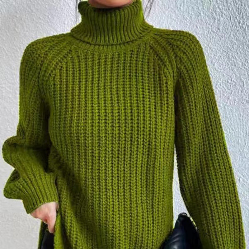 Shona Chunky Roll Neck Longline Jumper in Moss Green