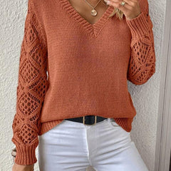 Jeanette Open-Knit Sleeve V-Neck Jumper in Terracotta