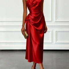 Janine One Shoulder Ruched Satin Midi Dress