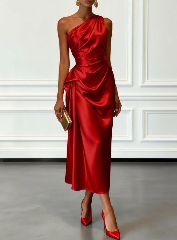 Janine One Shoulder Ruched Satin Midi Dress
